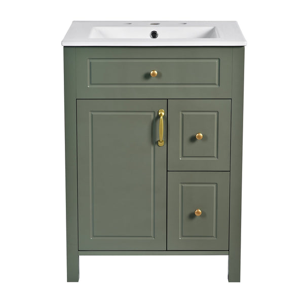 English Elm 24-Inch Bathroom Vanity with Ceramic Sink, Soft-Close Door & Drawers, Gold Handles, Durable Wood Elegance Green N729P192078F