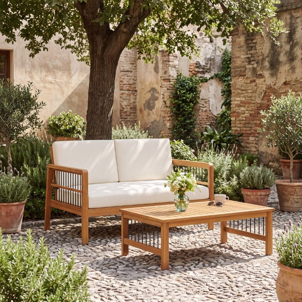English Elm Outdoor Acacia Wood Loveseat Set with Iron Accents Cushions and Slatted Coffee Table 73021.00BGE