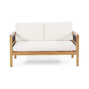 English Elm Outdoor Acacia Wood Loveseat Set with Iron Accents Cushions and Slatted Coffee Table 73021.00BGE
