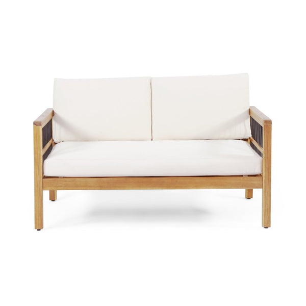English Elm Outdoor Acacia Wood Loveseat Set with Iron Accents Cushions and Slatted Coffee Table 73021.00BGE