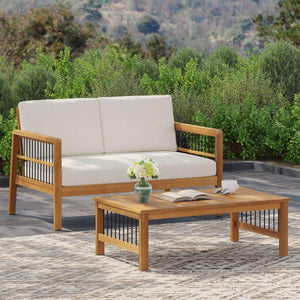 English Elm Outdoor Acacia Wood Loveseat Set with Iron Accents Cushions and Slatted Coffee Table 73021.00BGE
