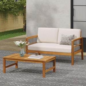 English Elm Outdoor Acacia Wood Loveseat Set with Iron Accents Cushions and Slatted Coffee Table 73021.00BGE