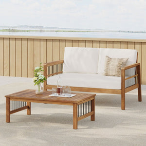English Elm Outdoor Acacia Wood Loveseat Set with Iron Accents Cushions and Slatted Coffee Table 73021.00BGE