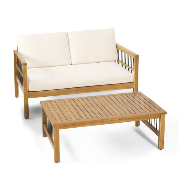 English Elm Outdoor Acacia Wood Loveseat Set with Iron Accents Cushions and Slatted Coffee Table 73021.00BGE