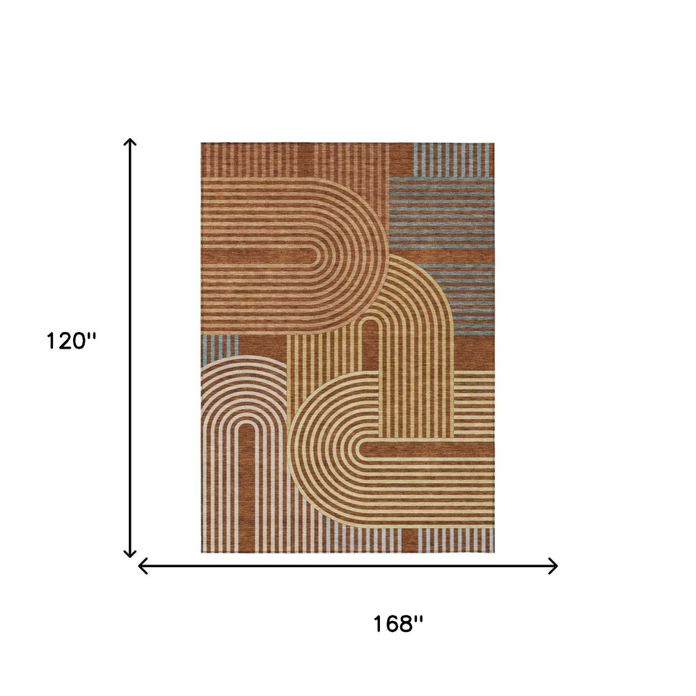 10 Ft Geometric Polyester Area Rug in Bold Orange Tones Machine Washable Indoor Outdoor