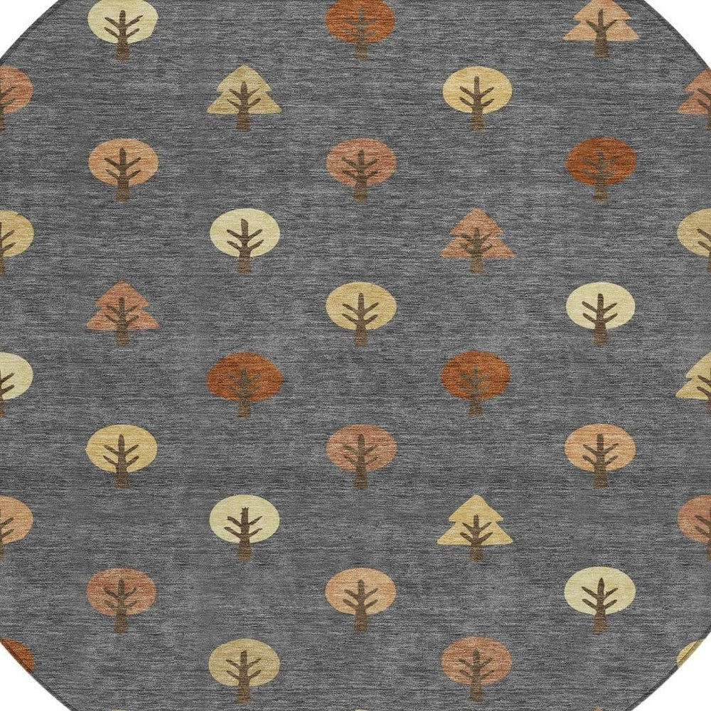 8 Ft Round Geometric Polyester Area Rug Washable Indoor Outdoor Charcoal Orange