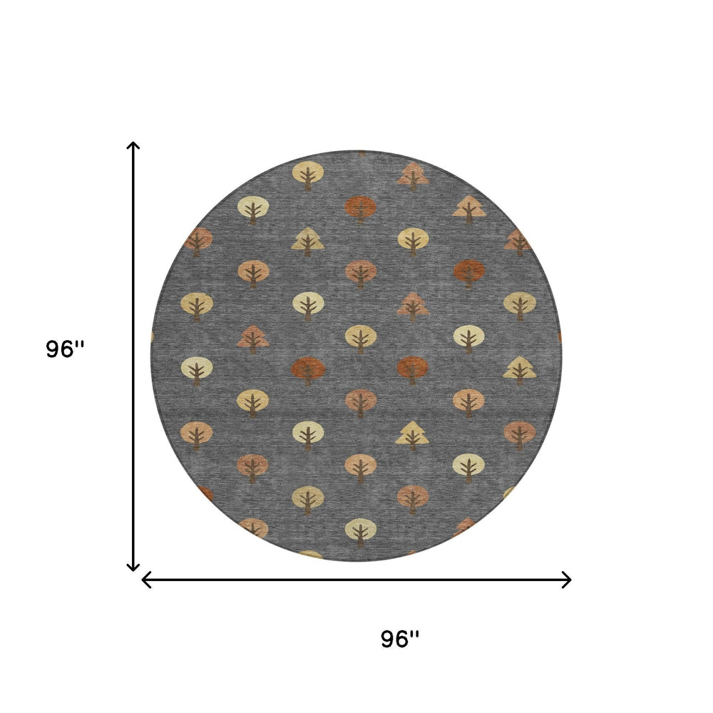 8 Ft Round Geometric Polyester Area Rug Washable Indoor Outdoor Charcoal Orange