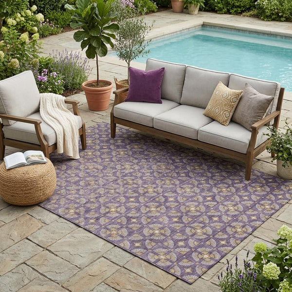 Geometric Polyester Area Rug Washable Purple Gold Indoor Outdoor Patio Entryway Use