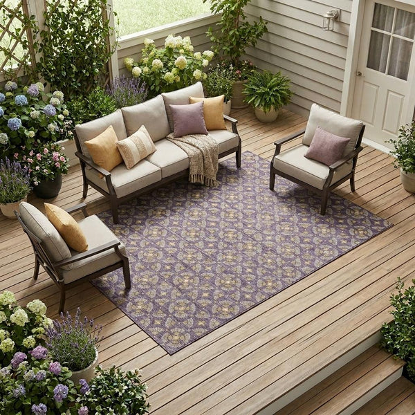 Geometric Polyester Area Rug Washable Purple Gold Indoor Outdoor Patio Entryway Use