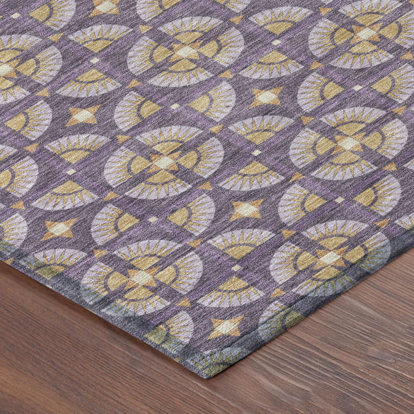 Geometric Polyester Area Rug Washable Purple Gold Indoor Outdoor Patio Entryway Use