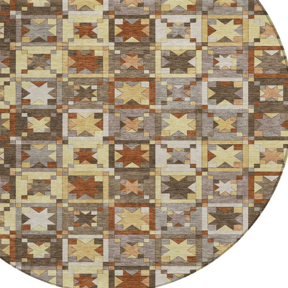 8 Ft Round Patchwork Geometric Indoor Outdoor Rug Washable Polyester for Patio