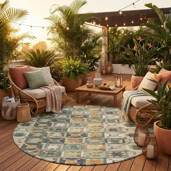 8 Foot Round Patchwork Polyester Area Rug Machine Washable Indoor Outdoor Patio