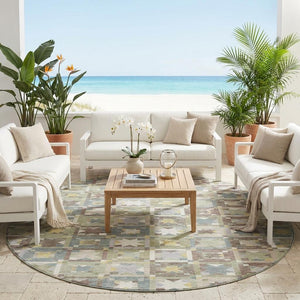 8 Foot Round Patchwork Polyester Area Rug Washable Indoor Outdoor Patio Decor