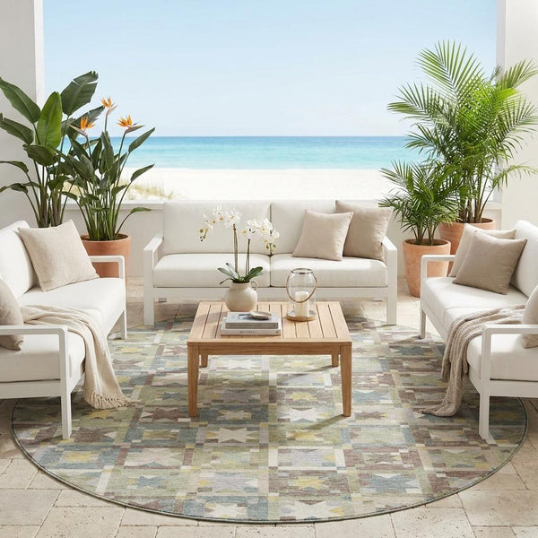 8 Foot Round Patchwork Polyester Area Rug Washable Indoor Outdoor Patio Decor