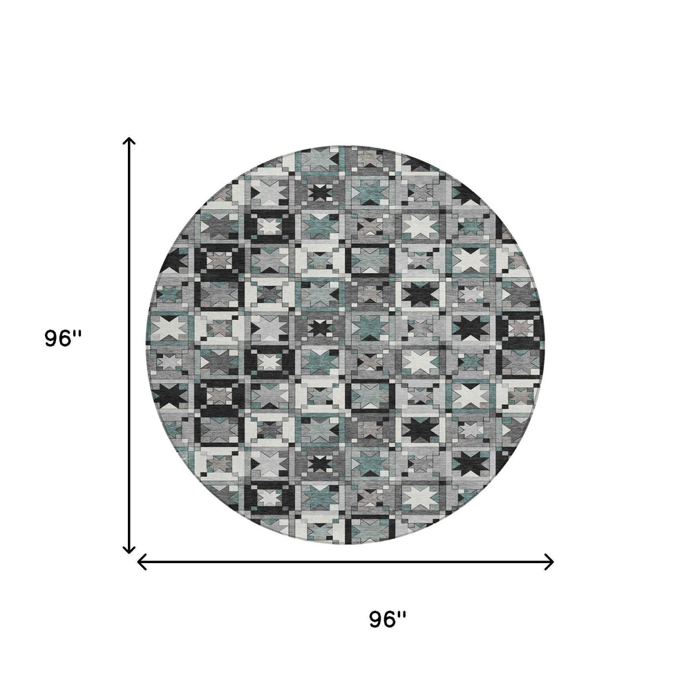 8 Foot Round Patchwork Polyester Area Rug Geometric Indoor Outdoor Washable