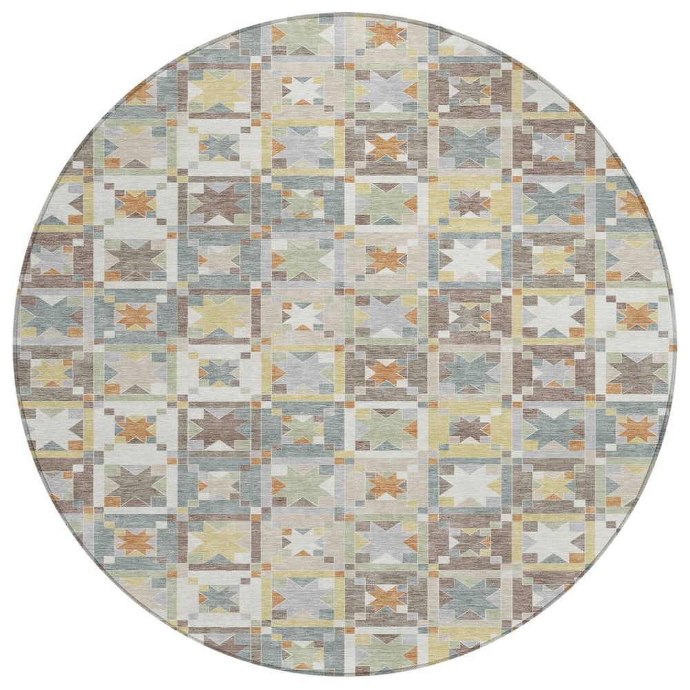 HomeRoots 8 Foot Round Patchwork Polyester Area Rug Washable Indoor Outdoor Ivory Brown 730386