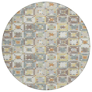 HomeRoots 8 Foot Round Patchwork Polyester Area Rug Washable Indoor Outdoor Ivory Brown 730386