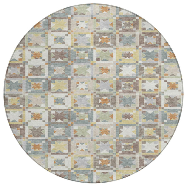 HomeRoots 8 Foot Round Patchwork Polyester Area Rug Washable Indoor Outdoor Ivory Brown 730386