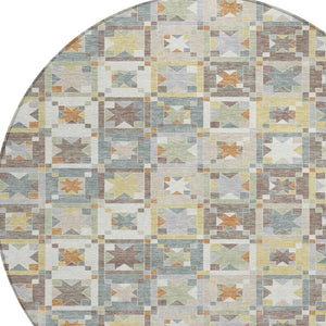 8 Foot Round Patchwork Polyester Area Rug Washable Indoor Outdoor Ivory Brown