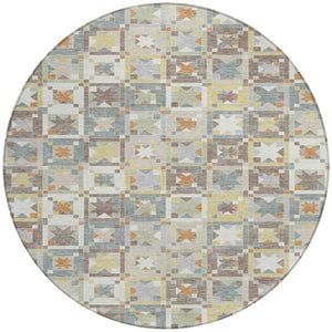 8 Foot Round Patchwork Polyester Area Rug Washable Indoor Outdoor Ivory Brown