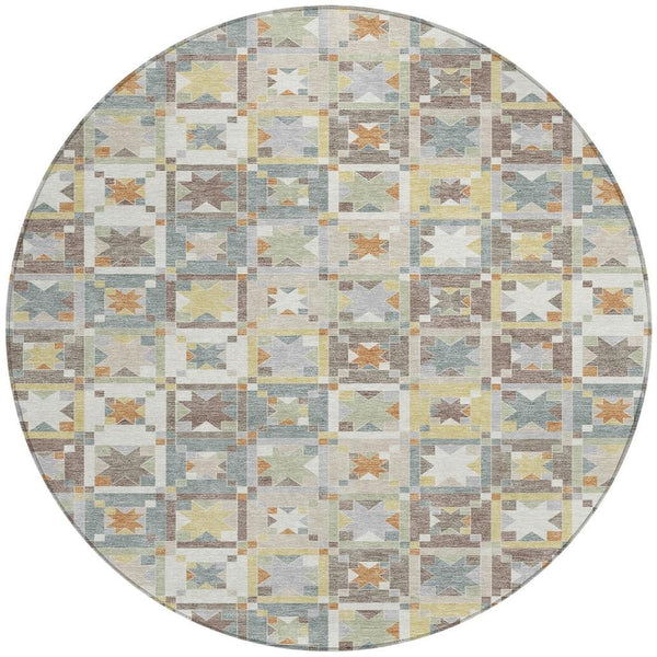 8 Foot Round Patchwork Polyester Area Rug Washable Indoor Outdoor Ivory Brown