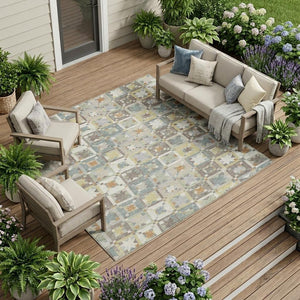 Ivory Brown Patchwork Polyester Area Rug Washable Uv Resistant for Indoor Outdoor Use