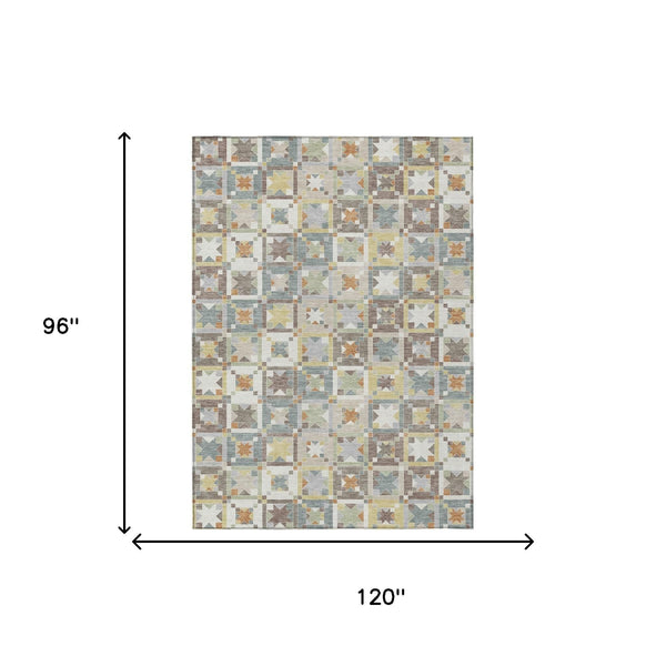 Ivory Brown Patchwork Polyester Area Rug Washable Uv Resistant for Indoor Outdoor Use
