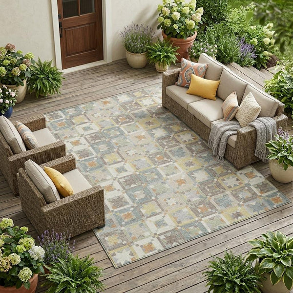 Ivory Brown Patchwork Polyester Area Rug Washable Uv Resistant for Indoor Outdoor Use