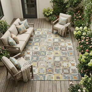Ivory Brown Patchwork Polyester Area Rug Washable Uv Resistant for Indoor Outdoor Use