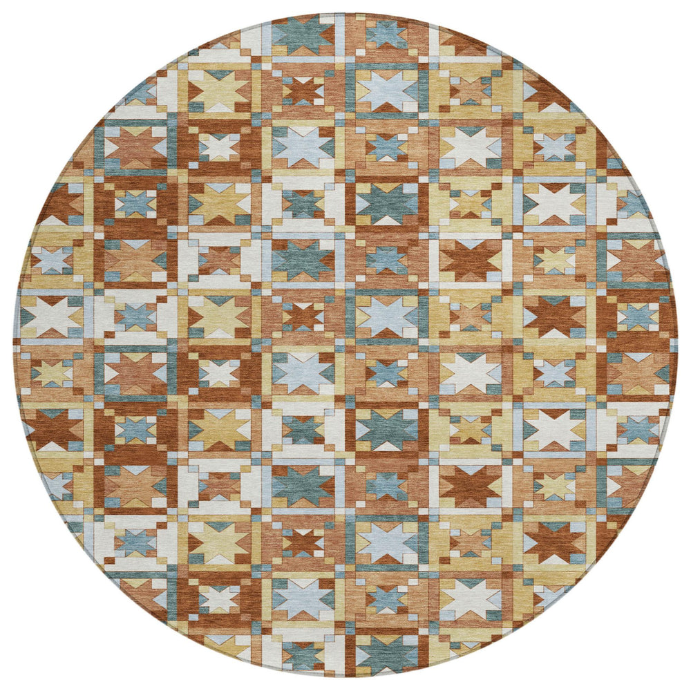 HomeRoots 8 Foot Round Patchwork Polyester Area Rug Washable Indoor Outdoor Warm Tones 730398