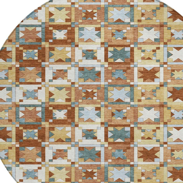8 Foot Round Patchwork Polyester Area Rug Washable Indoor Outdoor Warm Tones