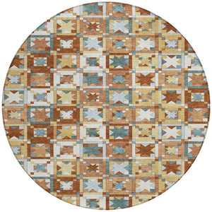 8 Foot Round Patchwork Polyester Area Rug Washable Indoor Outdoor Warm Tones