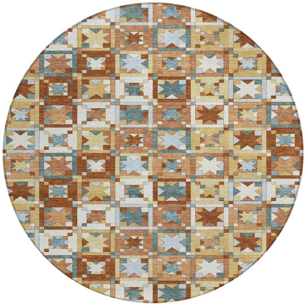 8 Foot Round Patchwork Polyester Area Rug Washable Indoor Outdoor Warm Tones