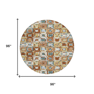 8 Foot Round Patchwork Polyester Area Rug Washable Indoor Outdoor Warm Tones
