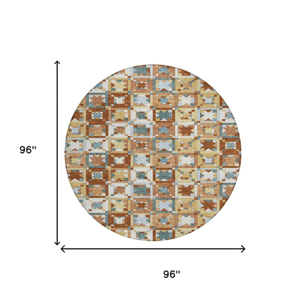 8 Foot Round Patchwork Polyester Area Rug Washable Indoor Outdoor Warm Tones