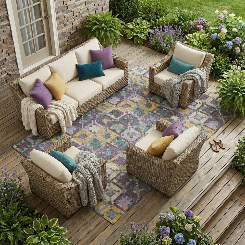 Patchwork Polyester Area Rug Uv Stain Resistant Washable Indoor Outdoor Teal Purple Design