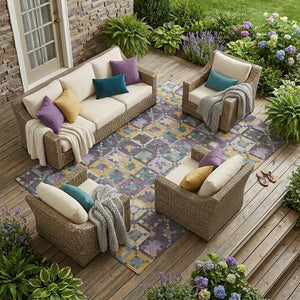 Patchwork Polyester Area Rug Uv Stain Resistant Washable Indoor Outdoor Teal Purple Design