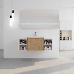 English Elm 48 Inch Wall Mounted Bathroom Vanity with Resin Sink, Soft-Close Doors, Metal Handles, Storage—Durable Eco Plywood Imitative Oak W999S00184