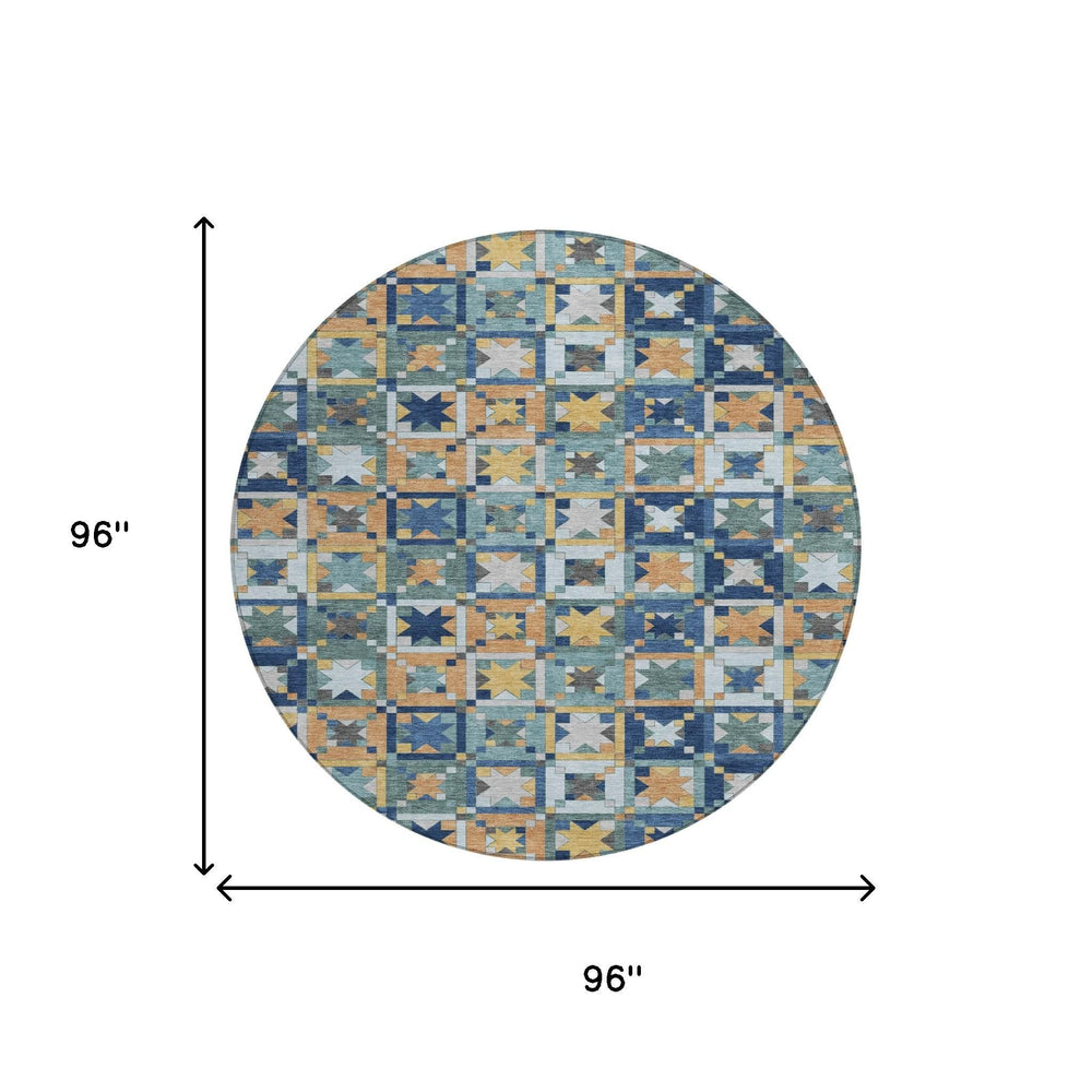 8 Ft Round Patchwork Area Rug Washable Polyester Teal Copper Indoor Outdoor