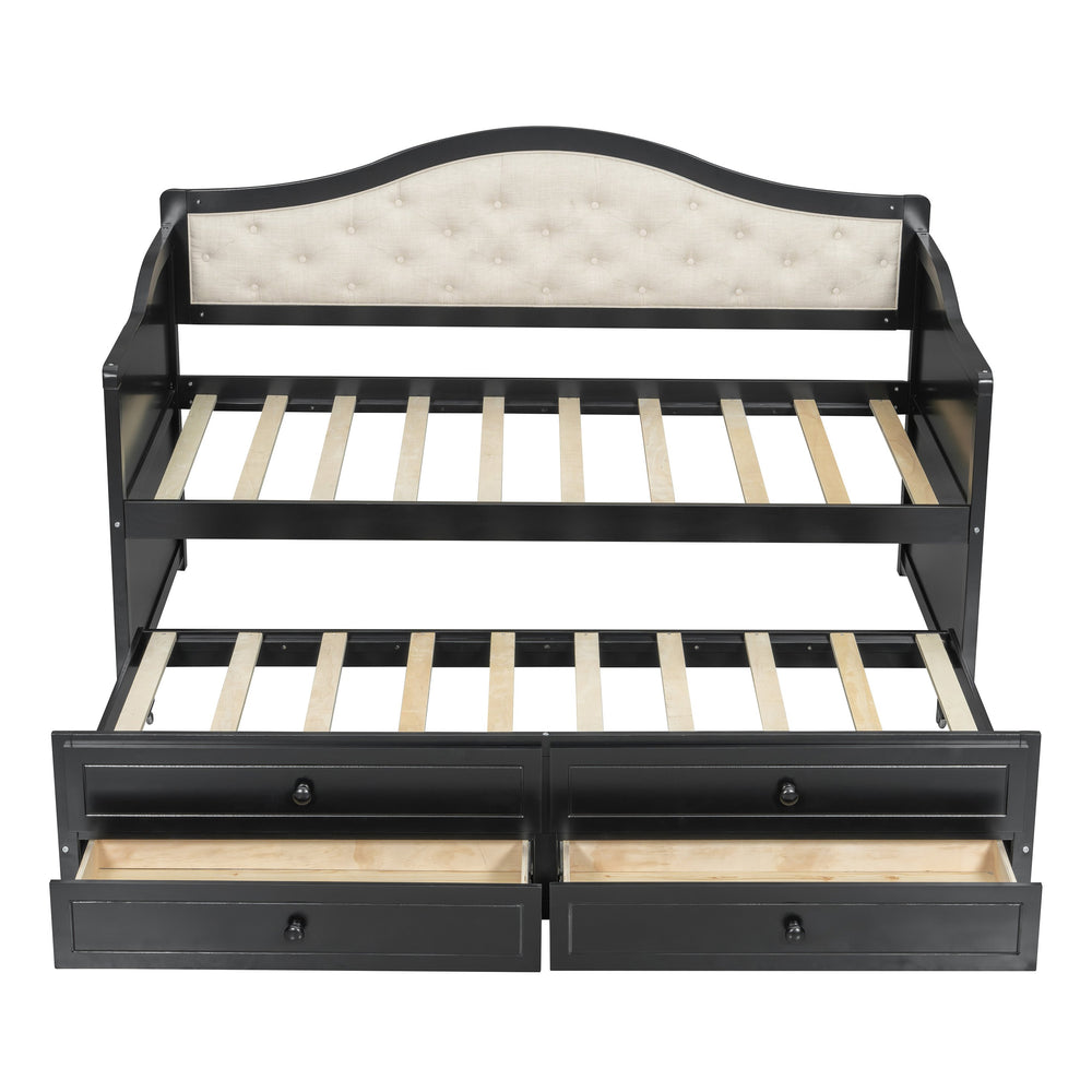 English Elm Twin Daybed with Trundle and 2 Storage Drawers, Upholstered Button-Tufted Sofa Bed for Guest Room Comfort and Organization Black 45.25 L x 19 W x 8 H N733S346767P