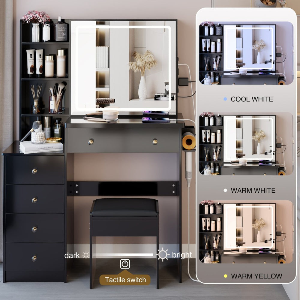 English Elm 37" Vanity Table Set with Led Mirror Stool Built-in Outlets and Hair Dryer Storage Black W3258P448844