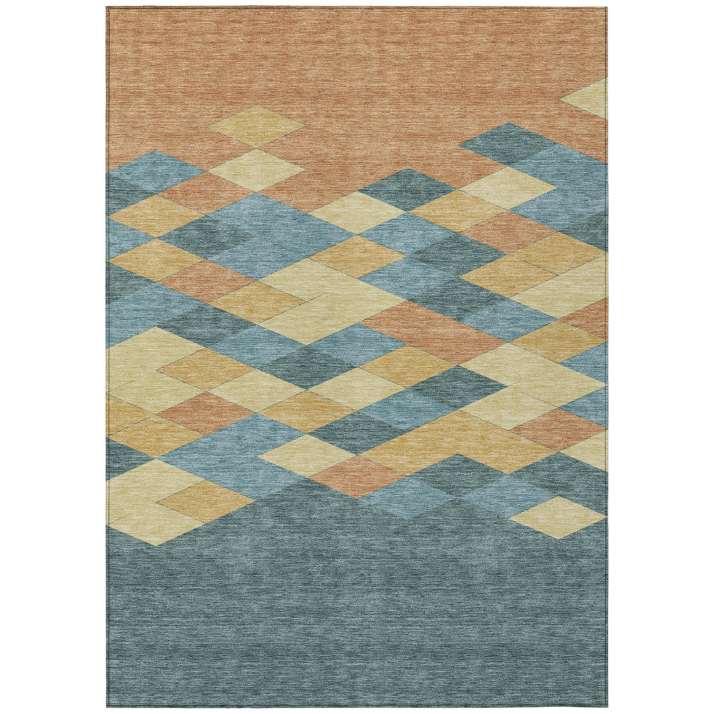 HomeRoots 8x10 Geometric Teal Copper Polyester Area Rug Washable Indoor Outdoor Patio 730483