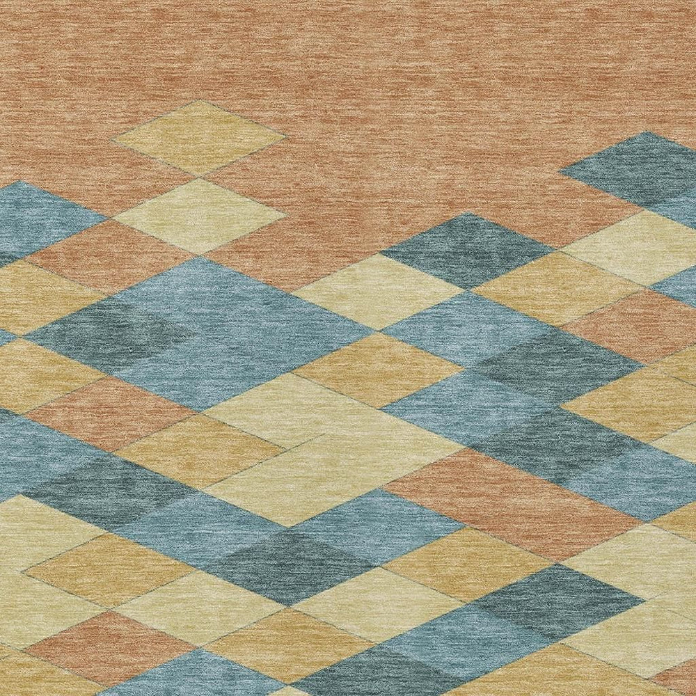 HomeRoots 8x10 Geometric Teal Copper Polyester Area Rug Washable Indoor Outdoor Patio 730483