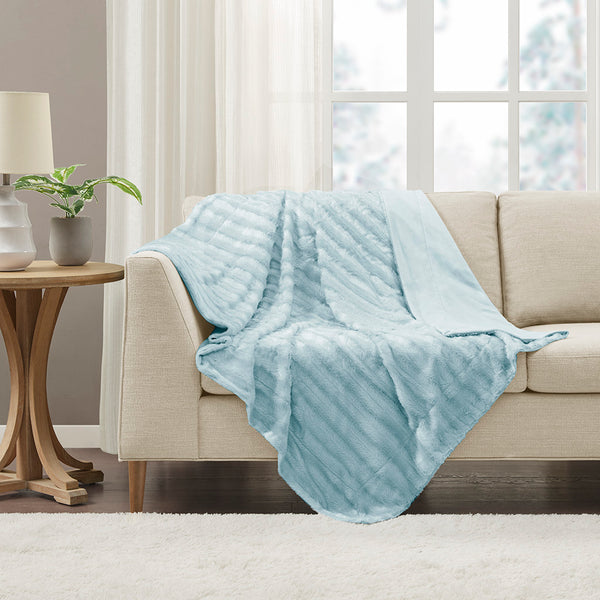 JLA Home Madison Park - Long Faux Fur Throw with Silky Micro-Fur Reverse, OEKO-TEX Certified, Lightweight Cozy 50x60 Inches Blue MP50-5784