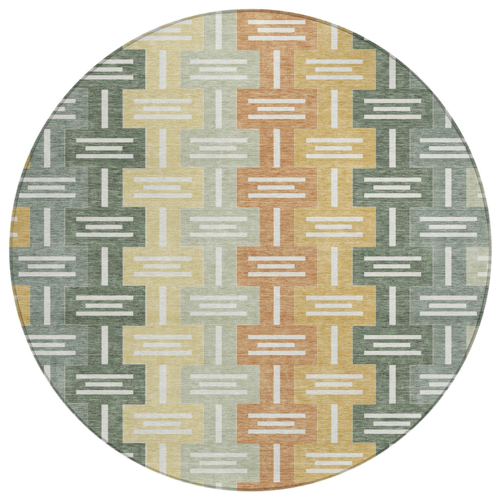 HomeRoots 8 Ft Round Geometric Polyester Area Rug in Green Gold for Indoor Outdoor Use 730500