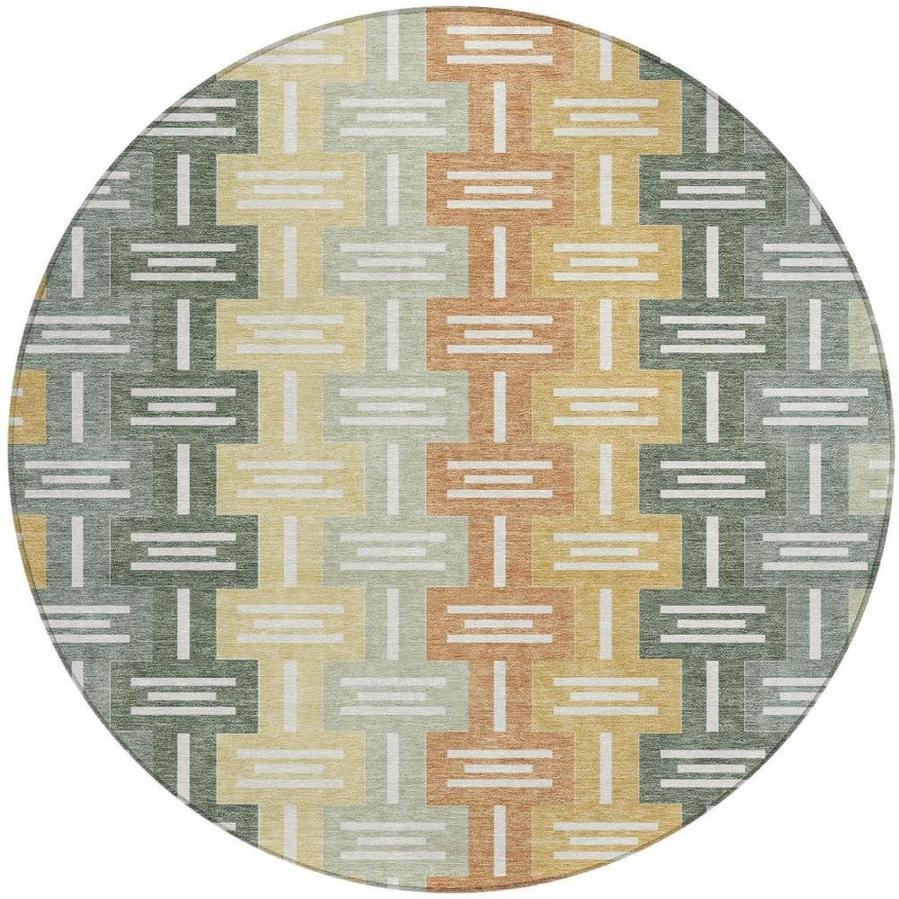 HomeRoots 8 Ft Round Geometric Polyester Area Rug in Green Gold for Indoor Outdoor Use 730500