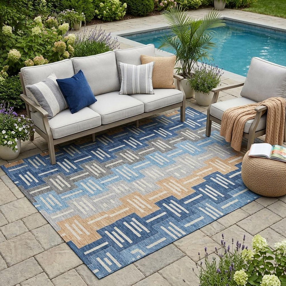 5 X 8 Navy Geometric Polyester Area Rug Machine Washable Indoor Outdoor Patio