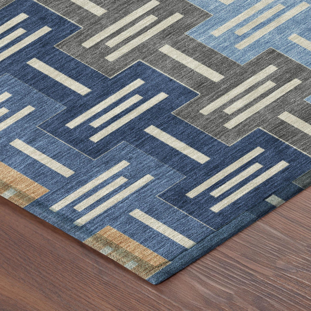 5 X 8 Navy Geometric Polyester Area Rug Machine Washable Indoor Outdoor Patio