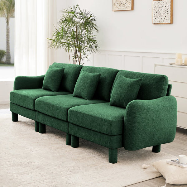 English Elm Boucle 3-Seater Plush Sofa With Elegant Shell Armrests And Wrapped Cylindrical Legs In Green W3041S00308