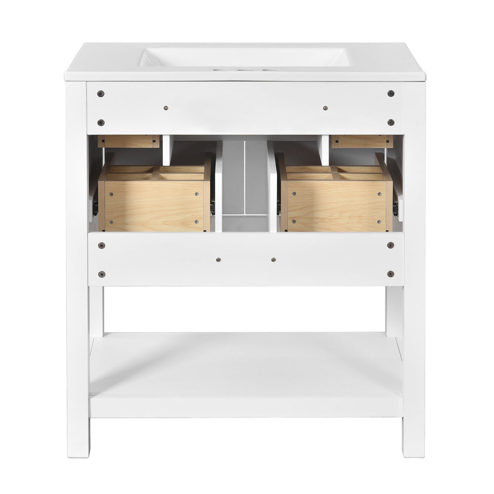 English Elm 30'' Bathroom Vanity with Ceramic Sink, Solid Wood Frame Freestanding Cabinet with 5 Drawers, Gold Knobs and Smooth Slide Rails White N710P247488K
